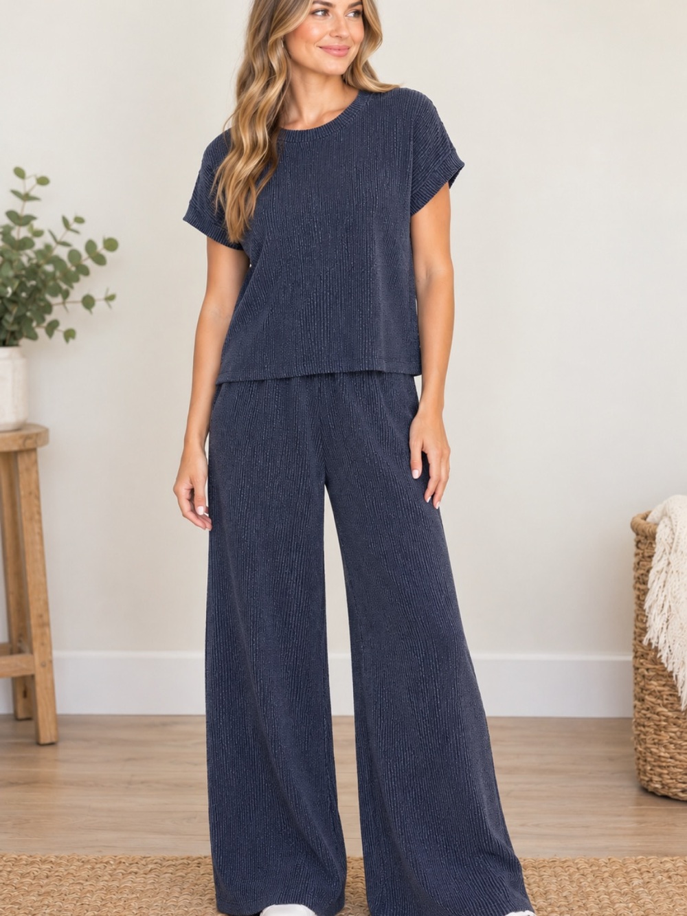 Zenana Outfitters Navy Wide-Leg Lounge Set NWOT - Picture 2 of 4